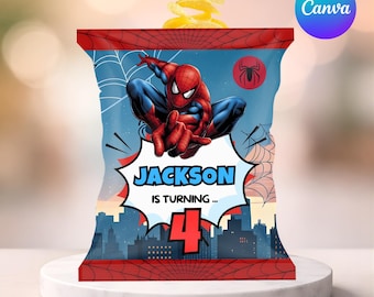 Envoltorio para bolsa de papas fritas de Spiderman / Recuerdos para fiesta de cumpleaños de superhéroes / Plantilla editable para bolsa de refrigerio / Decoraciones para fiesta de Spiderman / Descarga instantánea