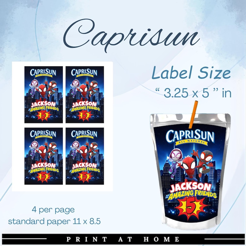 May include: A Capri Sun label design featuring Spider-Man characters and the text "Jackson Amazing Friends 5". The label size is 3.25 x 5 inches. The design includes four labels per page on standard 11 x 8.5 inch paper.
