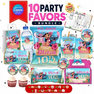 May include: A party favor bundle featuring Lilo and Stitch graphics with the text Olivia 10th Bday. Includes a gift bag, water bottle label, chip bag, juice pouch, cupcake toppers, candy bar wrapper, and a pink gable box with a blue bow.