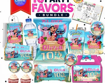 Lilo & Stitch Birthday Party Favors | Editable Stitch Birthday Party Pack | Stitch Birthday Bundle | Stitch Water Botle (Digital Download)