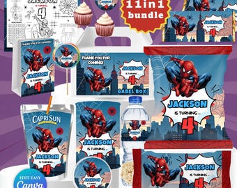 Recuerdos de fiesta de Spiderman / Decoración de fiesta de Spiderman / Fiesta de cumpleaños editable de Spiderman / Recuerdos de Spiderman / Paquete de cumpleaños de Spiderman Bonus Canva