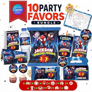 Bundel Spidey-verjaardagscadeau bewerkbare zak superheldenchip, sapetiketten, activiteitenmat | Spidey-feestdecoratie | Canvassjabloon | Bonus