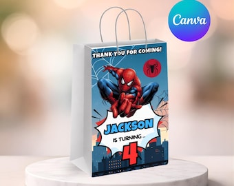 Modelo de Sacola de Lembrancinhas para Festa do Homem-Aranha | Sacola de Aniversário de Super-Herói Editável | Decoração para Festa Infantil | Modelo do Canva