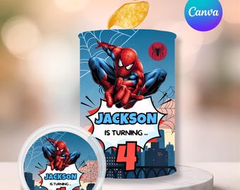 Plantilla de lata de Pringles de Spiderman / Decoración para fiesta de Spiderman / Fiesta de cumpleaños editable de Spiderman / Recuerdos de Spiderman / Envoltorio editable de Spiderman