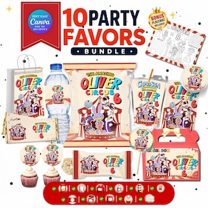Das erstaunliche digitale Zirkus-Geburtstags-Party-Bundle | Bearbeitbare Canva Zirkuspartydekorationen | Chipsbeutel Einladung Vorlagen