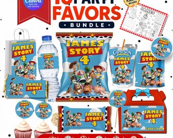 Cowboy Space Adventure Story Birthday Bundle | Editable Canva Toy Party Decorations | Chip Bag Water Label Templates