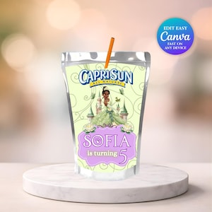 Caprisun da Tiana Editável | Lembrancinhas para Festa da Princesa Tiana | Decoração para Festa da Tiana | Caprisun da Princesa Tiana | Festa de Princesa | Canva