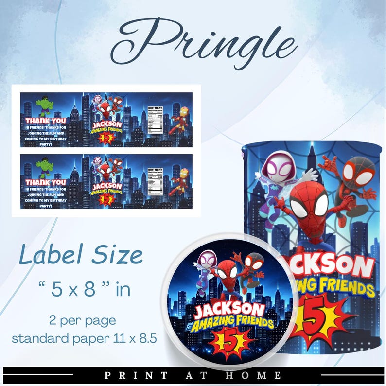 May include: A blue and black birthday party theme featuring Spider-Man and friends. The design includes labels, a round sticker, and a can wrap with the text "Jackson Amazing Friends 5". The label size is 5 x 8 inches.