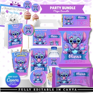 May include: A party bundle with a cartoon character design, including a gable box, candy bar wrappers, and Capri Sun and water bottle labels. The design features the text "Olivia's is turning 4". The overall theme is a birthday party.