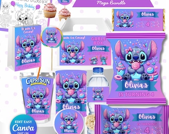 Recuerdo de fiesta de Stitch, paquete de fiesta de cumpleaños de Stitch editable, paquete de fiesta de Stitch, paquete de cumpleaños de Stitch, cumpleaños temático de Stitch, decoración de Stitch