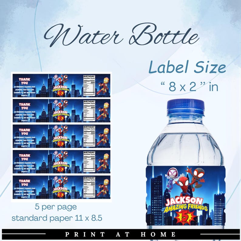 May include: A clear water bottle with a blue cap and a label featuring the text "Jackson Amazing Friends" and superhero characters. The label size is 8 x 2 inches. Additional labels with superhero graphics are also shown.