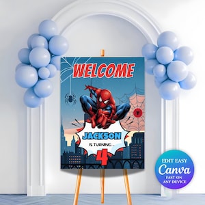以下が含まれることがあります： スパイダーマンが描かれた誕生日のウェルカムサイン。赤色の「WELCOME」の文字。誕生日のお祝い用で、「Jackson」という名前と数字の「4」が表示されています。水色の風船と木製のイーゼルがサインを支えています。