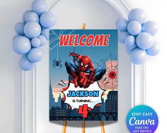 Letrero de bienvenida de Spider-Man editable / Póster de bienvenida de cumpleaños de superhéroe / Decoración personalizada para fiesta de Spider-Man / Letrero de cumpleaños de Spider-Man / Canva