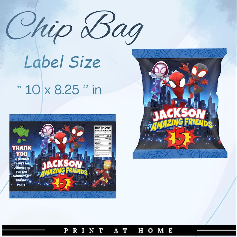 May include: A blue chip bag design with Spider-Man characters and the text "Jackson Amazing Friends 5". The label size is 10 x 8.25 inches. Includes a matching label with superhero graphics and birthday party text.