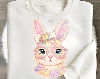 Conejito floral con patchwork PNG / Diseño de sublimación de Pascua moderno / Gráfico de camisa de primavera con cuadros vichy estilo cottagecore / PNG de Pascua retro