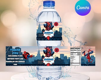 Etiquetas editables para botellas de agua de Spiderman en Canva / Decoraciones para fiestas de cumpleaños de superhéroes / Etiquetas personalizadas para bebidas (imprimibles) / Descarga instantánea