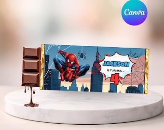 Envoltorio para barra de chocolate de Spiderman / Decoración para fiesta de Spiderman / Fiesta de cumpleaños editable de Spiderman / Recuerdos de Spiderman / Envoltorio editable de Spiderman