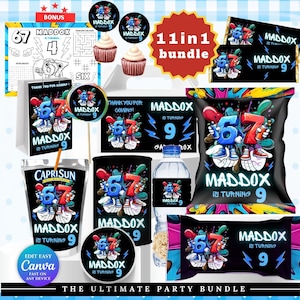 Puede incluir: Un paquete de fiesta 11 en 1 con el texto "MADDOX cumple 9 años". El paquete incluye varios suministros para fiestas como adornos para cupcakes, envoltorios de barras de chocolate y etiquetas Capri Sun. El diseño incorpora los números 6 y 7.