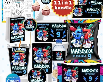 Paquete de recuerdos para fiestas 67 / Paquete de fiesta Six Seven / Decoración para fiestas Six Seven / Decoraciones de cumpleaños neón editables para fiestas 67 BONUS