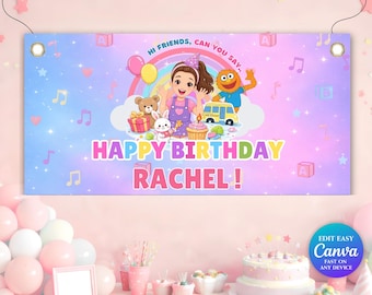 Banner de cumpleaños de la Sra. Rachel, Banner editable para fiesta de cumpleaños, Decoración de fondo para cumpleaños infantil, Plantilla de banner arcoíris, Canva