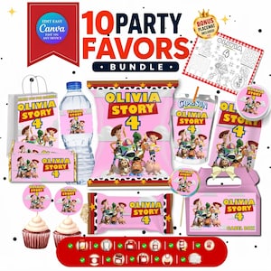 May include: A digital party favor bundle featuring Toy Story themed labels for water bottles, chip bags, candy bars, juice pouches, and cupcake toppers. The pink and yellow designs include the text Olivia Story 4 and various character graphics.