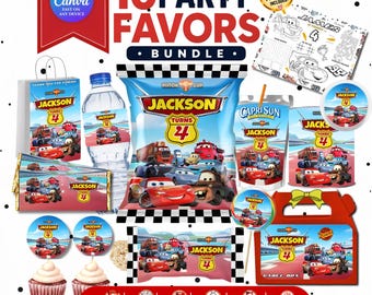 Cars Birthday Party Favor Bundle | Lightning Mcqueen Party Favors | Lightning Mcqueen Party Decorations | Cars Chip Bag Labels | Canva