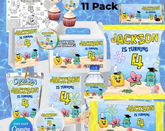 Recuerdos de fiesta de Bob Esponja / Paquete de cumpleaños de Bob Esponja / Fiesta bajo el mar / Invitación y decoraciones editables en Canva / Imprimible con temática oceánica