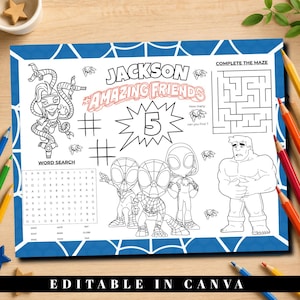Editable Spiderman Birthday Coloring Placemat | Personalized Spidey Puzzle Activity Sheet |  Canva Editable (Digital Download)