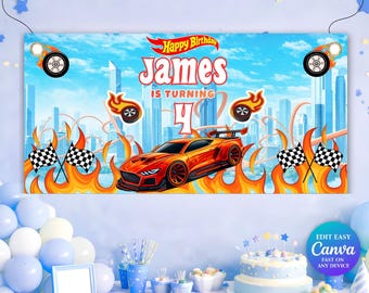 Banner de cumpleaños de coche de carreras / Decoraciones para fiesta de cumpleaños de coches / Cumpleaños con ruedas de coches / Fondo editable de coche de carreras / Imprimible en Canva