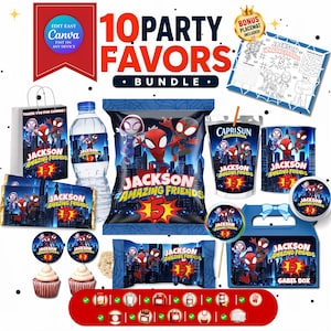 Può includere: Un set di articoli per feste a tema Spiderman con il testo Jackson Amazing Friends 5. Include un sacchetto regalo, etichetta per bottiglia d'acqua, sacchetto di patatine, bustina di succo, incarto per snack, decorazioni per cupcake, tovaglietta e scatola regalo blu.
