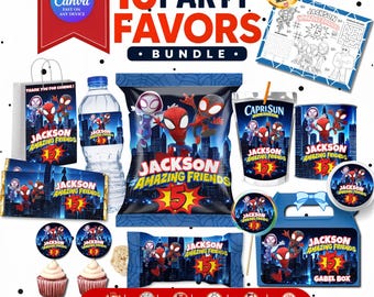 Spidey Birthday Party Favor Bundle Editable Superhero Chip Bag, Juice Labels, Activity Mat | Spidey Party Decor | Canva Template | Bonus