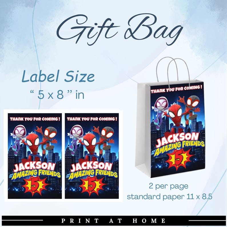 May include: White gift bag with a colorful design featuring Spider-Man characters and the text "JACKSON AMAZING FRIENDS 5". The bag includes the text "THANK YOU FOR COMING!" and has a label size of 5 x 8 inches.