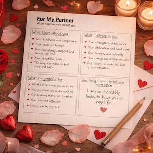 May include: A romantic scene with a handwritten note that says "For My Partner" surrounded by red roses, heart-shaped candies, and candles. The note lists qualities like kindness, strength, and love.