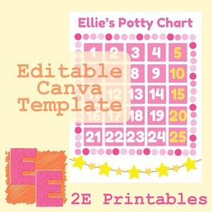 Könnte beinhalten: Ein rosa-weißes Töpfchen-Diagramm mit dem Text "Ellie's Potty Chart" oben. Das Diagramm hat ein Raster mit den Zahlen 1-25. Die Wörter "Editable Canva Template" werden ebenfalls angezeigt. Ein gelbes Sternenbanner befindet sich unten.