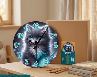 Reloj con gatito de ojos azules, decoración para habitación infantil, arte mural de animales, regalo para guardería infantil, reloj silencioso, regalo para sala de juegos o dormitorio.