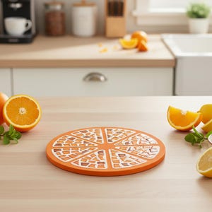 May include: A round orange trivet featuring a segmented design that resembles a sliced citrus fruit. The surface is divided into triangular sections filled with a mosaic pattern of orange and white geometric shapes, creating a vibrant look.