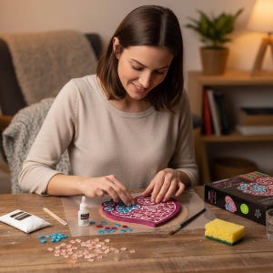 Puede incluir: Una persona está creando un mosaico en forma de corazón con pequeñas baldosas de colores. El kit incluye pegamento, una esponja y un pincel. El mosaico terminado es un objeto decorativo, ideal para la decoración del hogar.