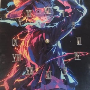 May include: A wall clock featuring a vibrant illustration of a character with a straw hat, set against a colorful background. The clock face has silver Roman numeral hour markers. The artwork is a dynamic composition with bold colors.