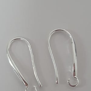 May include: Two silver-colored earring hooks. The hooks have a curved, elongated design with a small loop at the bottom for attaching earrings. The hooks are made of a shiny, metallic material.