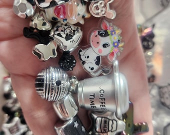 Black White Cow Print Bead Mix, Farm Animal Charms, DIY Jewelry Supplies