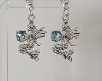Mermaid Drop Earrings – with Crystal (Pink, Blue or Clear) 925 sterling silver earring options.
