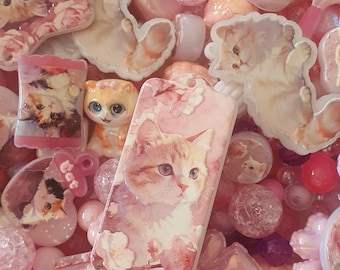Kawaii Cat Charm & Bead Mix Pink Resin DIY Jewellery Making Supplies Craft Bundle
