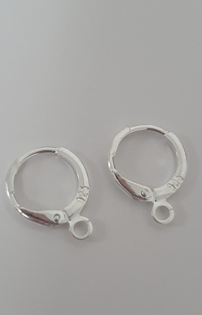 May include: Two silver-colored leverback earring findings. Each finding has a rounded hoop with a hinged lever and a small loop at the bottom for attaching a charm or earring component. The findings are set against a light gray background.