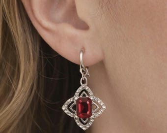 925 Sterling Silver Red or Green Crystal Dangle Earrings, Vintage Art Deco Inspired Jewelry