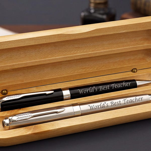Teacher Pen & Case present, both can be personalised. High quality Parker Pen style twin pen set in solid wooden gift case. Also for TA/LSA