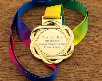 Personalised, High Quality Gold, Silver or Bronze Coloured medal. High Quality Colourful Lanyard. Your Message Engraved On Front & Back.