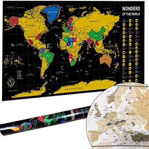 May include: A scratch-off world map poster with a black background and gold foil continents that reveal colourful regions underneath. The poster features the text Wonders of the World, a legend with icons, a rolled storage tube, and a circular detail view.