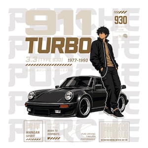 Op de afbeelding: Een grafische illustratie met een zwarte Porsche 911 Turbo 3.3 Type 930 auto en een persoon in een zwart jack en broek. Het ontwerp bevat teksten zoals P911 TURBO, 930 WIDEBODY ICON, WANGAN SPIRIT, BUILT FOR THE ROAD en BORN TO DOMINATE.