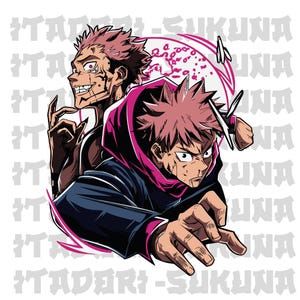 Può includere: Illustrazione di due personaggi anime con capelli rosa a punta, uno con un sorriso sinistro e l'altro con una felpa con cappuccio. L'opera presenta uno sfondo bianco con testo giapponese e un design circolare rosa.