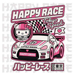 May include: A graphic design featuring a white and pink race car with the text HAPPY RACE, Tokyo Speed, LITTLE RACER, and HAPPY DRIVE. A cartoon character in a pink helmet is shown in a circle above the car, with a checkered flag and Japanese text.